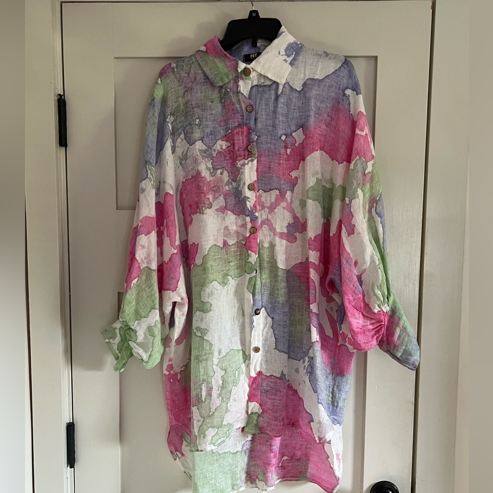 Beautiful Spring Watercolor Linen Blouse/ Cover-up